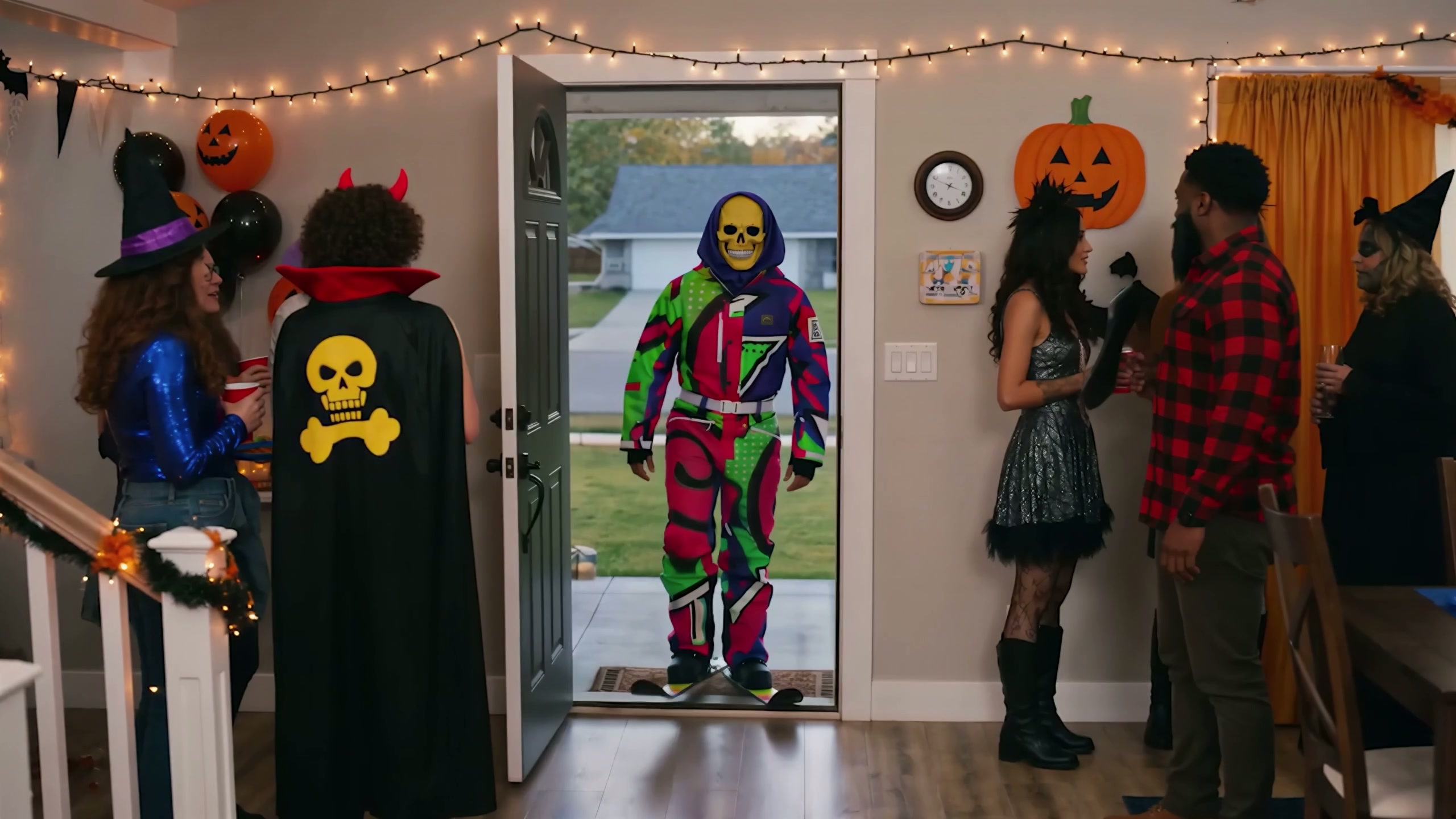 A group of friends in Halloween costumes at a party, with a person in a vibrant skeleton suit entering through the front door.