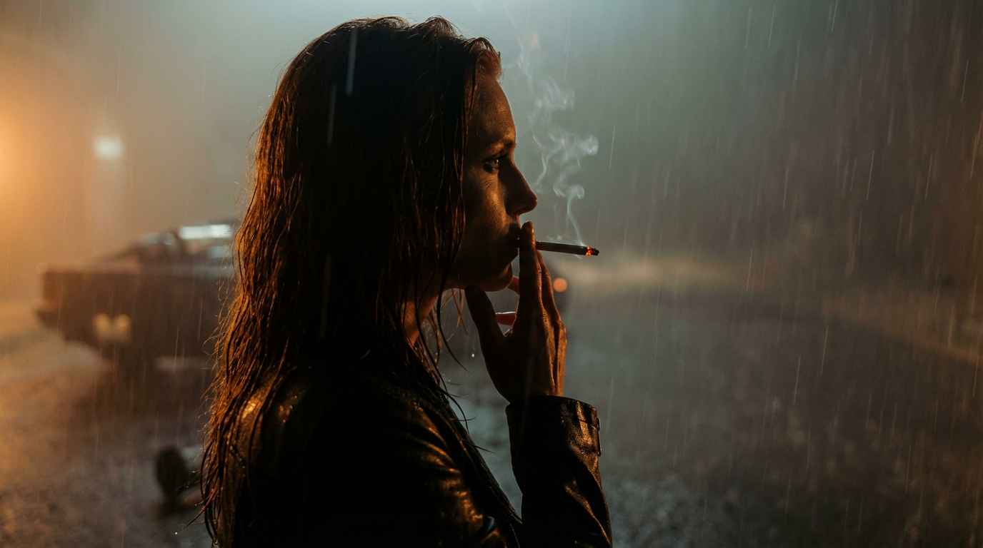 Woman in a leather jacket smoking a cigarette in the rain at night, with a blurred car in the background.