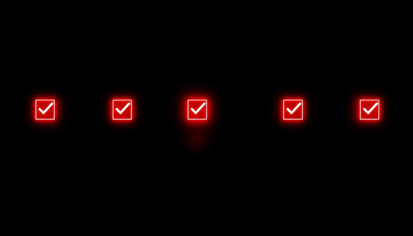 Five red neon-outlined checkboxes with white checkmarks on a black background, arranged horizontally.