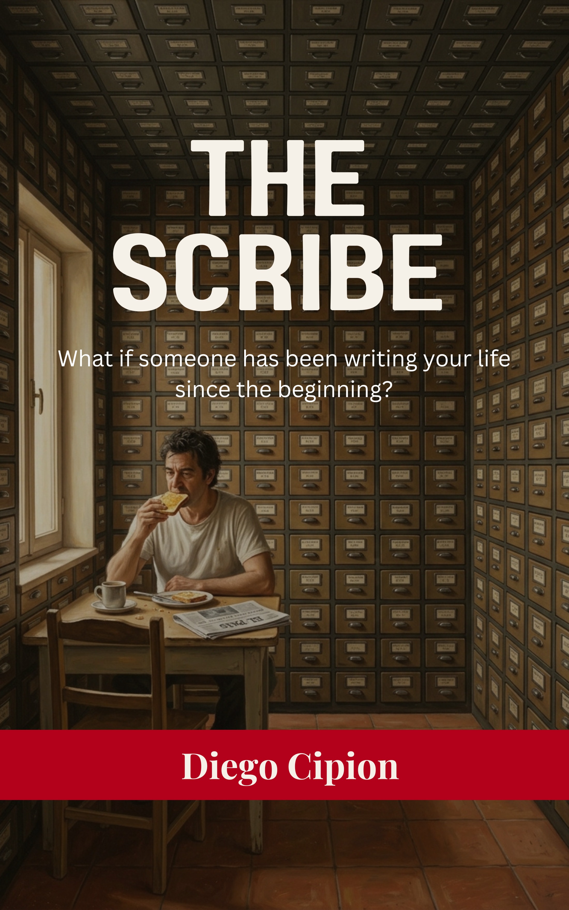 Man eating toast in a room of archive drawers, featuring 'THE SCRIBE' book cover by Diego Cipion.