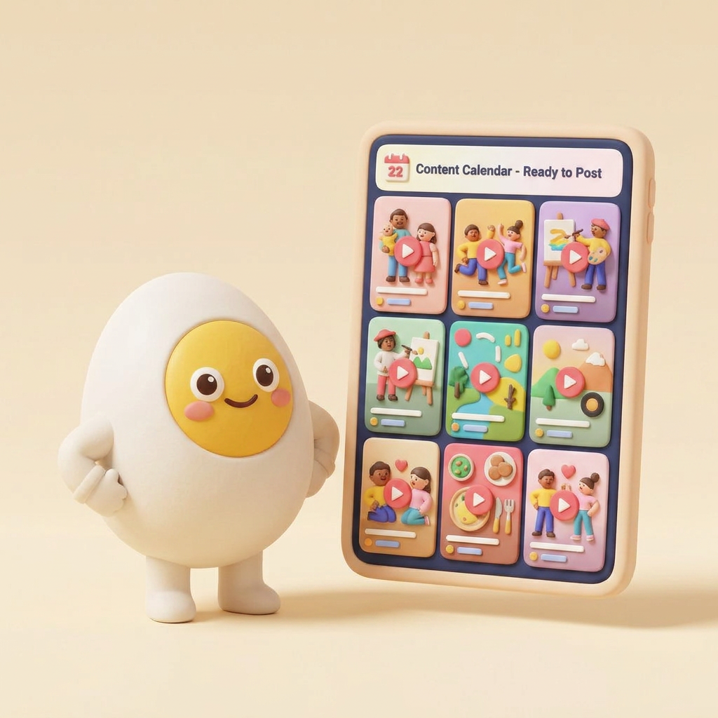 Egg mascot standing next to a tablet showing a content calendar full of finished vertical videos, each with a play button, ready to post