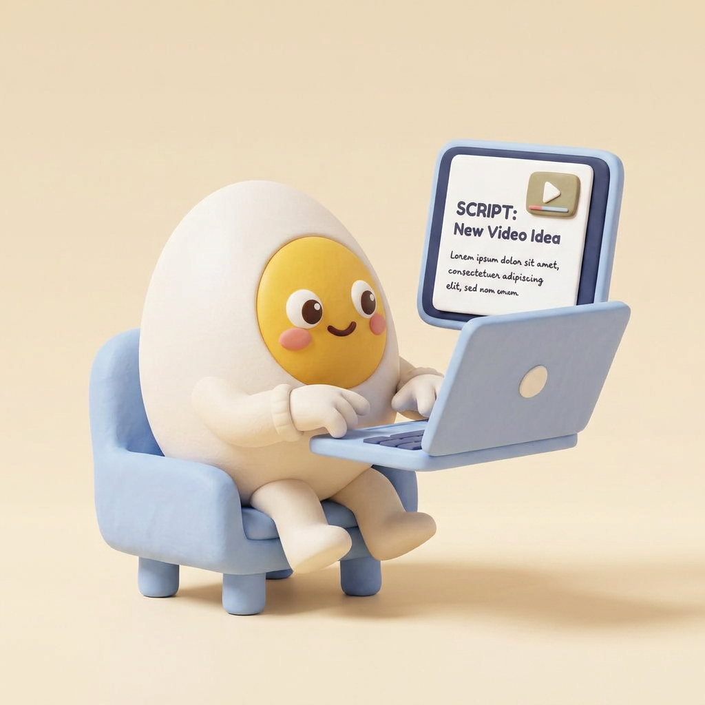 Egg mascot writing a video script on a laptop, screen shows a script document