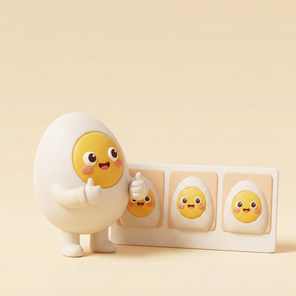 Egg mascot next to a strip of three identical photos of itself, showing the same face every time