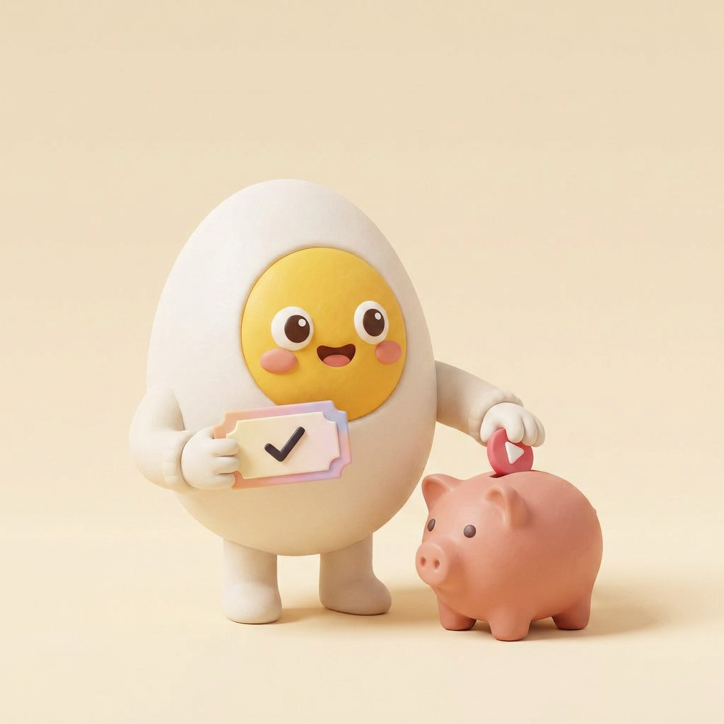 Egg mascot holding a free ticket and dropping a video token into a piggy bank