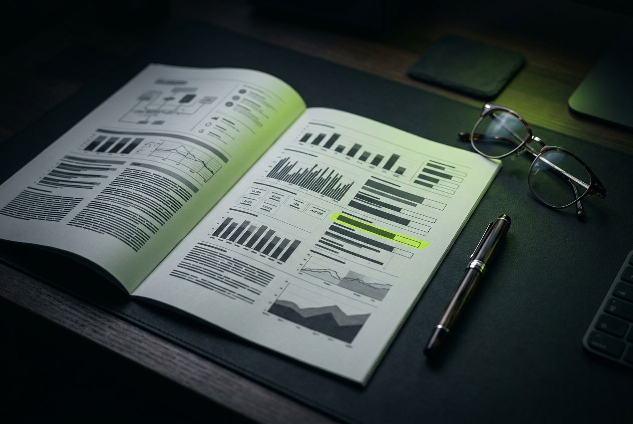 A printed visibility audit report on a dark desk with one metric highlighted in lime, glasses and a pen beside it
