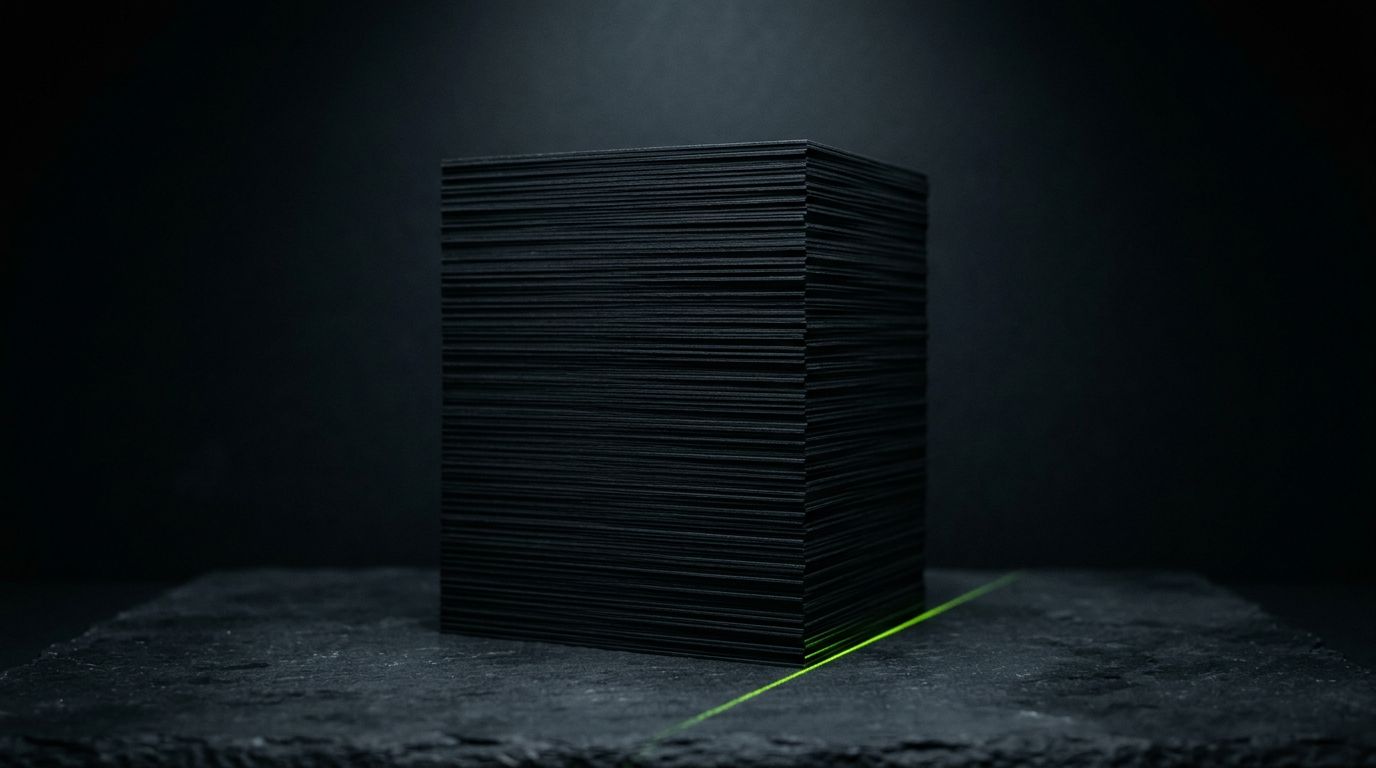 A stack of photographs rendered as opaque black slabs under a cold spotlight: how AI engines see unlabeled visual content