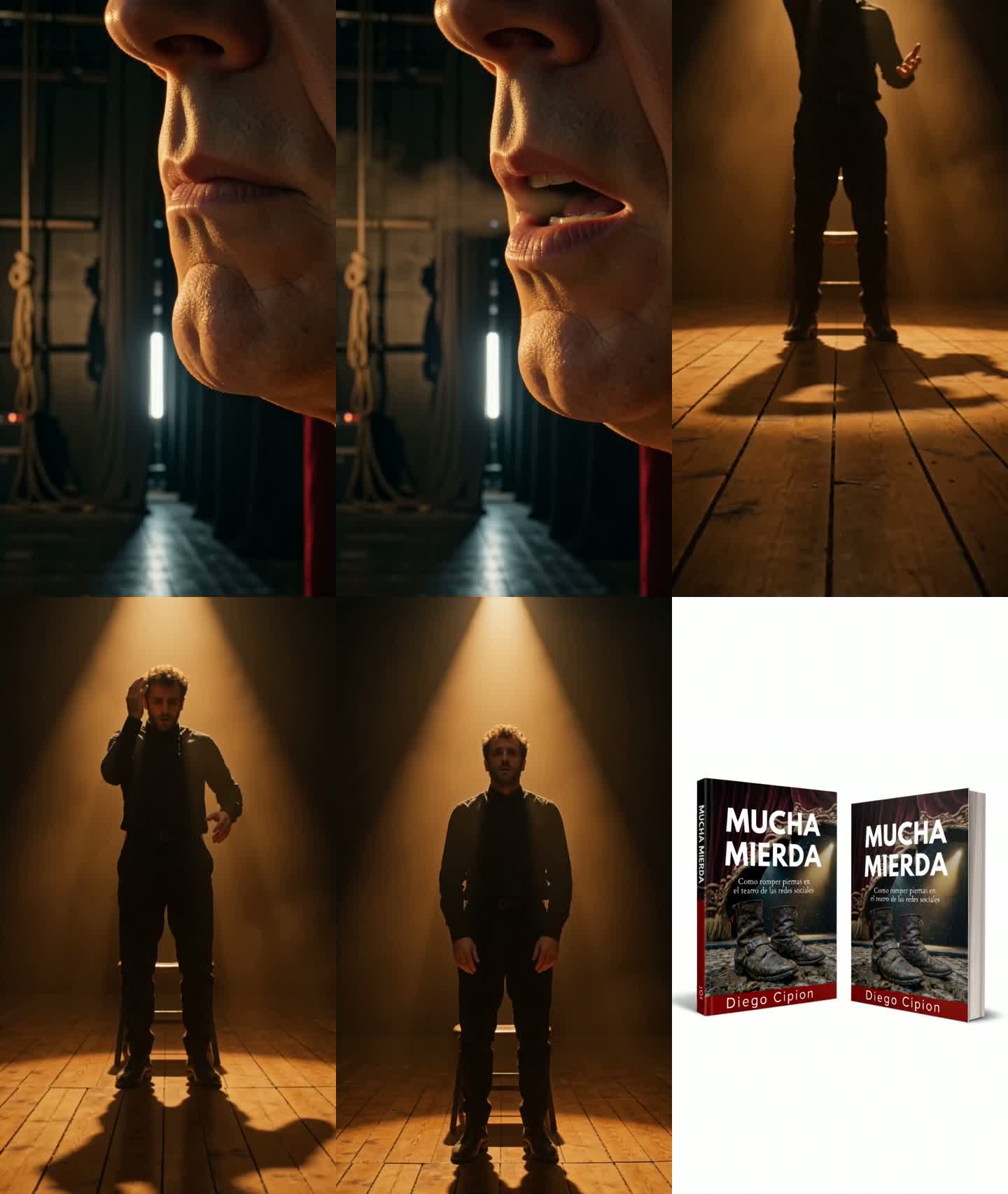 Six-frame timeline of a 15-second book promo video: an actor alone on a theater stage under a spotlight, ending on the book reveal